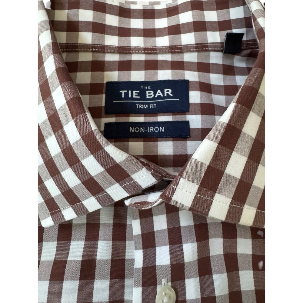 The Tie Bar Trim Fit Non Iron Brown Gingham Dress Shirt Men's 16.5 32/33 Career